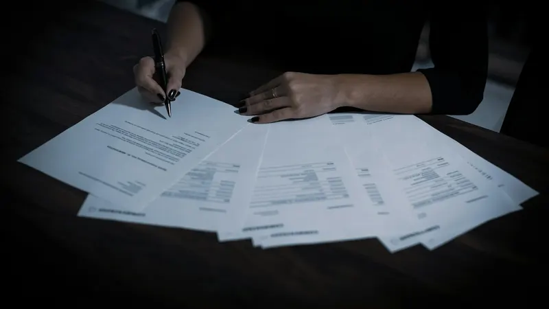 Žena za tamnim stolom s olovkom u ruci pregledava lepezu raširenih dokumenata